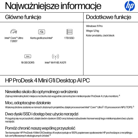 HP ProDesk 4 G1i AI PC Intel Core Ultra 7 265T 16 GB DDR5-SDRAM 1 TB SSD Windows 11 Pro Mini PC Black
