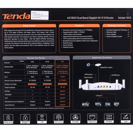 TENDA RX3 WIFI6 dual band gigabit router  white